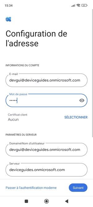 Saisissez votre Nom d'utilisateur et l'adresse du serveur Exchange. Sélectionnez Suivant