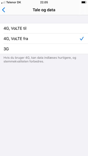 For at deaktivere VoLTE opkald, vælg 4G, VoLTE fra