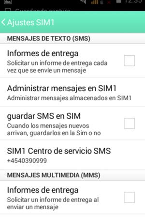 Seleccione SIM1 Centro de servicio SMS o SIM2 Centro de servicio SMS