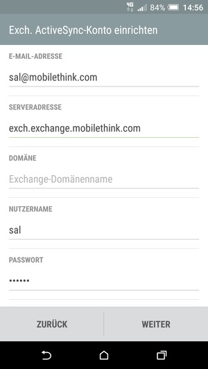 Geben Sie Exchange Server-Adresse und Nutzername ein. Wählen Sie WEITER