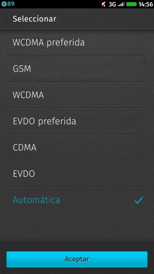 Seleccione GSM para habilitar 2G y WCDMA preferida para habilitar 3G