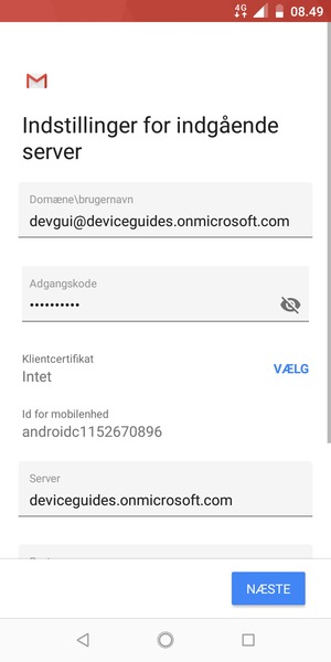 Indtast Brugernavn og Exchange serveradresse. Vælg NÆSTE