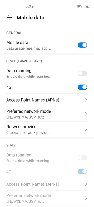 Scroll to SIM 1 or SIM 2 and select Access Point Names (APNs)
