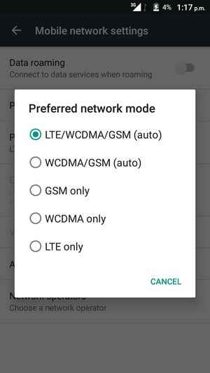Select WCDMA/GSM (auto) to enable 3G and LTE/WCDMA/GSM (auto) to enable 4G