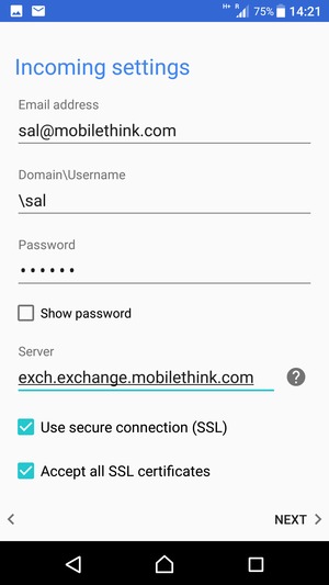 Enter Username and Exchange server address. Select NEXT