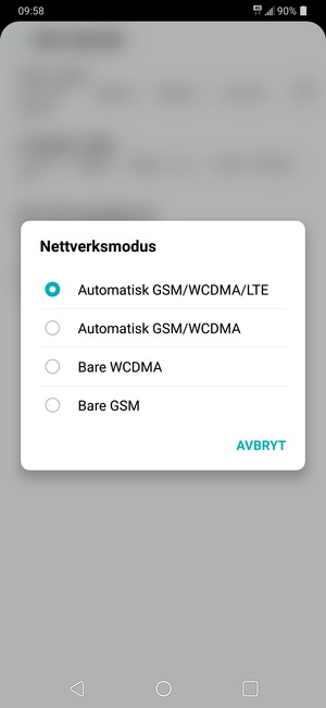 Velg Automatisk GSM/WCDMA for å aktivere 3G og Automatisk GSM/WCDMA/LTE for å aktivere 4G