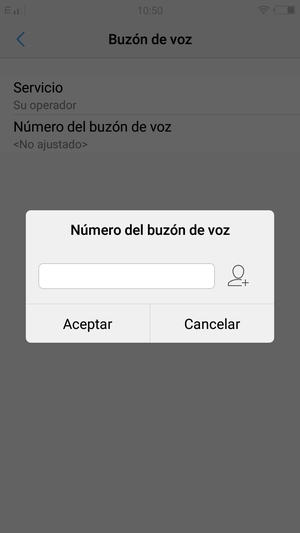 Introduzca el Número del buzón de voz y seleccione Aceptar
