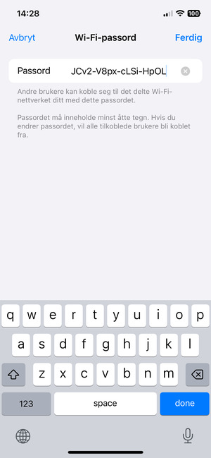 Skriv inn et Wi-Fi hotspot-passord på minst 8 tegn og velg Ferdig