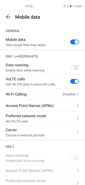 Scroll to SIM 1 or SIM 2 and select Access Point Names (APNs)
