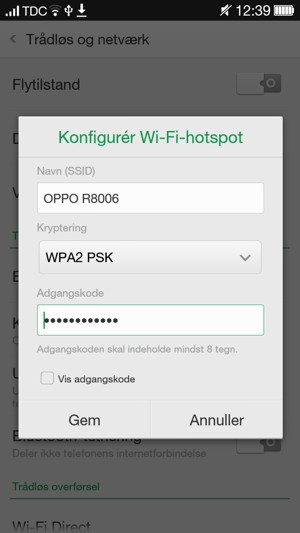 Indtast en Wi-Fi-hotspot adgangskode på minimum 8 tegn og vælg Gem