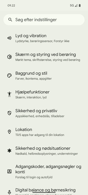 Scroll til og vælg Sikkerhed og privatliv