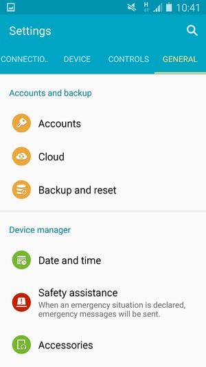 Select GENERAL and Backup and reset