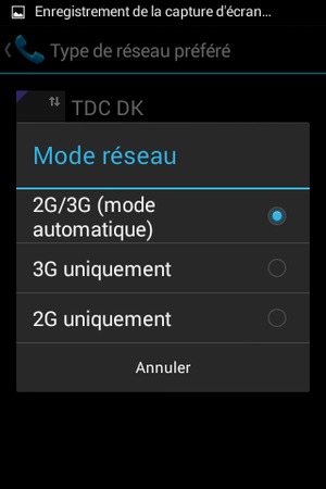 Sélectionnez 2G uniquement pour activer la 2G et 2G/3G (mode automatique) pour activer la 3G