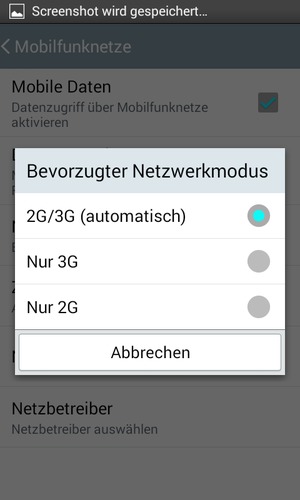 Wählen Sie Nur 2G, um 2G zu aktivieren und 2G/3G (automatisch), um 3G zu aktivieren