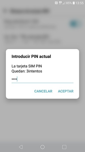 Introduzca su Actual PIN de la tarjeta SIM y seleccione ACEPTAR