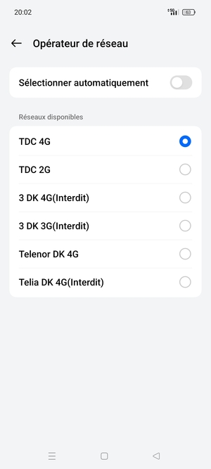 Sélectionnez un opérateur réseau dans la liste
