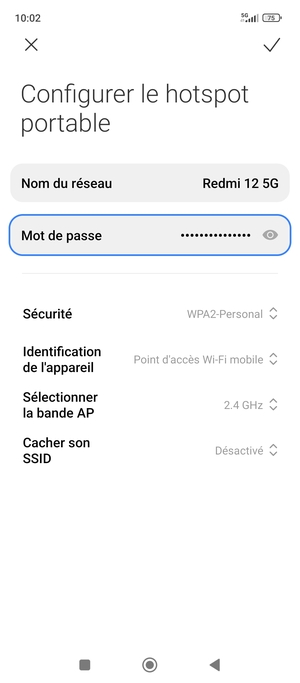 Saisissez un mot de passe de hotspot Wi-Fi d'au moins 8 caractères et sélectionnez OK