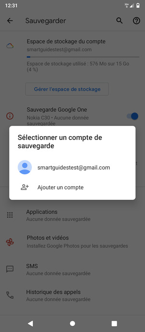 Sélectionnez votre compte de sauvegarde