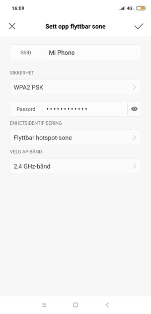 Skriv inn et Wi-Fi hotspot-passord på minst 8 tegn og velg GEM