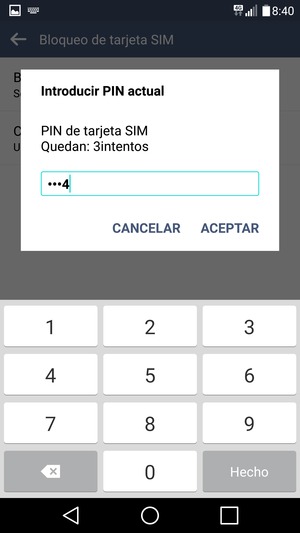Introduzca su Actual PIN de tarjeta SIM y seleccione ACEPTAR