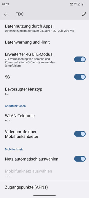 Scrollen Sie und wählen Sie Bevorzugter Netztyp