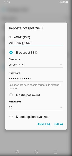 Inserisci una password dell'hotspot Wi-Fi di almeno 8 caratteri e seleziona SALVA