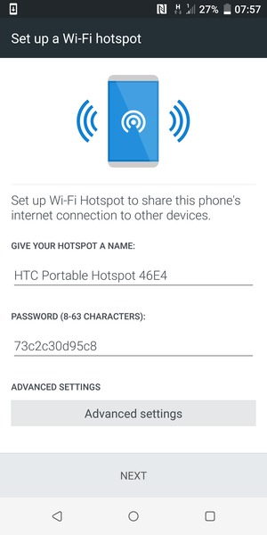 Enter a Wi-Fi hotspot password of at least 8 characters and select NEXT