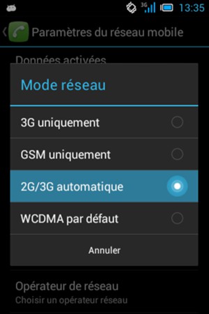 Sélectionnez GSM uniquement pour activer la 2G et 2G/3G automatique pour activer la 3G