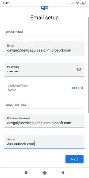 Enter Username and Exchange server address and select Next