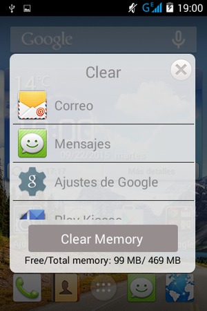 Seleccione Clear Memory para cerrar todas las aplicaciones en ejecución