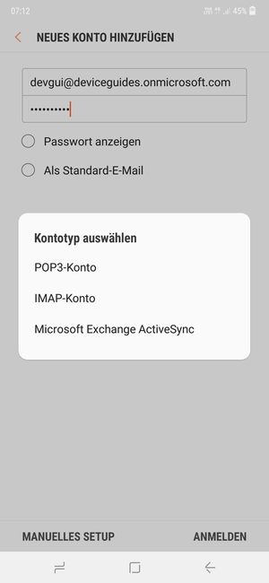 Wählen Sie Microsoft Exchange ActiveSync