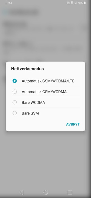 Velg Automatisk GSM / WCDMA for å aktivere 3G og Automatisk GSM / WCDMA / LTE for å aktivere 4G