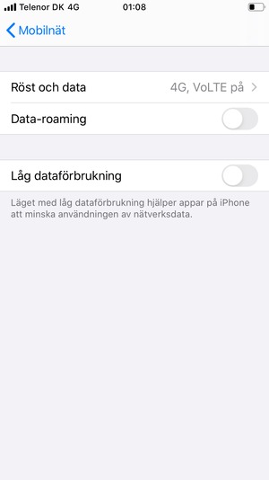 Ställ Data-roaming till ON eller OFF
