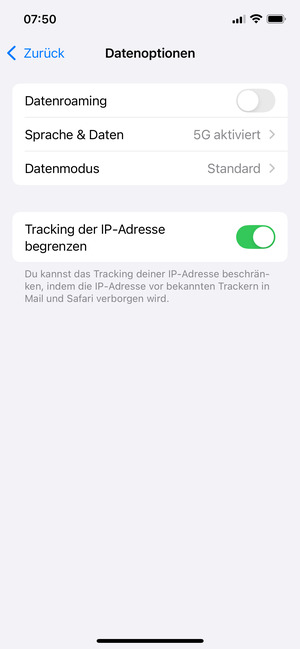 Schalten Sie Datenroaming an order aus