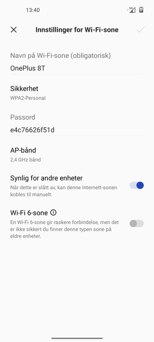 Skriv inn et Wi-Fi hotspot-passord på minst 8 tegn og velg OK