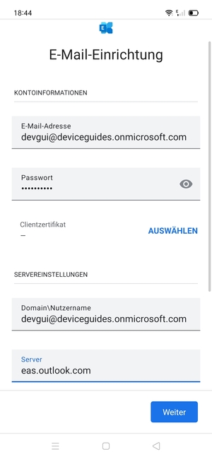 Geben Sie Benutzername und Exchange Server-Adresse ein. Wählen Sie Weiter