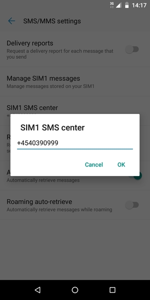 Enter the SIM SMS center number and select OK