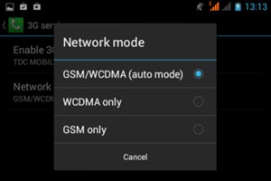 Select GSM only to enable 2G and GSM/WCDMA (auto mode) to enable 3G