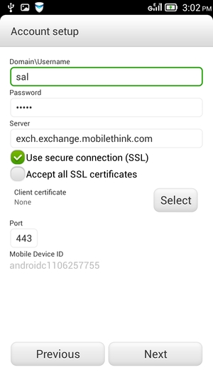 Scroll down and enter the Exchange server address and Username. Select Next