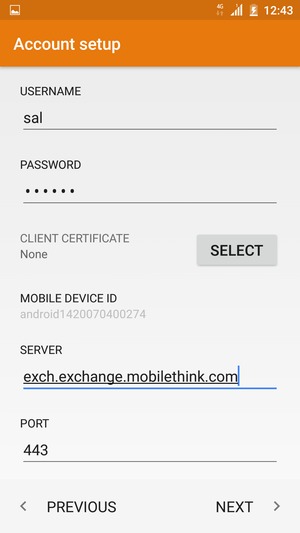 Enter USERNAME and Exchange server address. Select NEXT