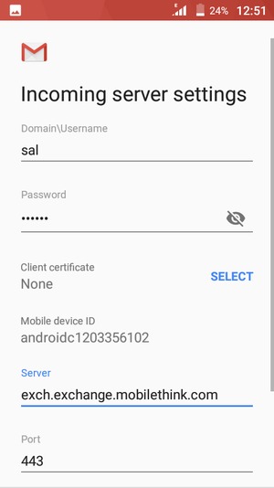Enter Username and Exchange server address