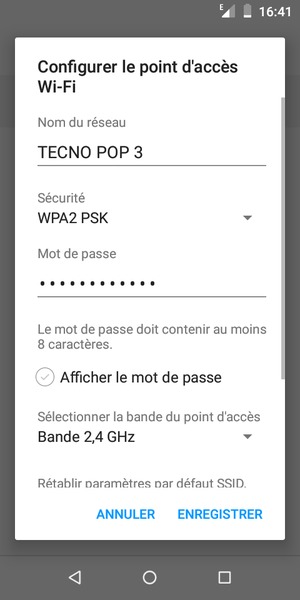 Saisissez un mot de passe de hotspot Wi-Fi d'au moins 8 caractères et sélectionnez ENREGISTRER