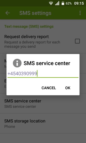 Enter the SMS service center number and select OK