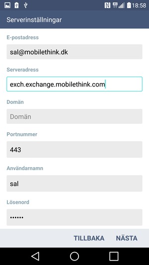 Ange Exchange-serveradress och Användernamn. Välj NÄSTA