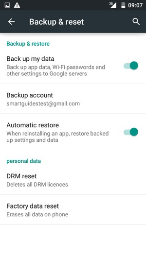 Turn on Back up my data  and select Backup account