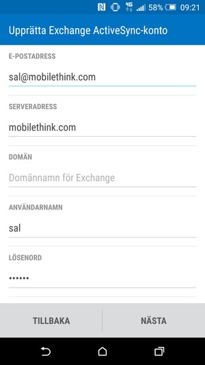 Ange Exchange-serveradress och Användarnamn. Välj NÄSTA