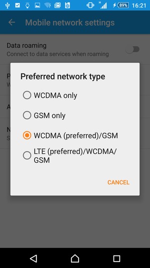 Select WCDMA (preferred)/GSM to enable 3G and LTE (preferred)/3G/GSM to enable 4G