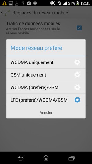 Sélectionnez GSM uniquement pour activer la 2G et WCDMA (préféré)/GSM pour activer la 3G