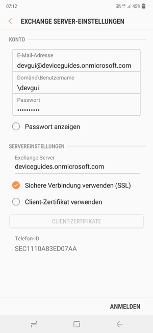 Geben Sie Benutzername und Exchange Server-Adresse ein. Wählen Sie ANMELDEN