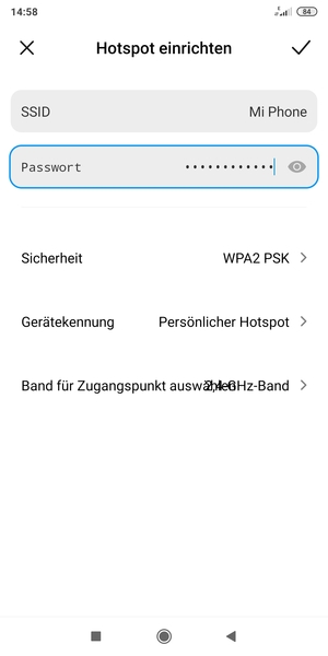 Geben Sie eine WLAN-Hotspot-Passwort mit mindestens 8 Zeichen ein und wählen Sie OK